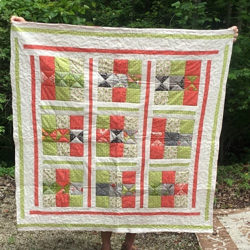 NWT. Hand Crafted Green/Orange/Cream Quilt